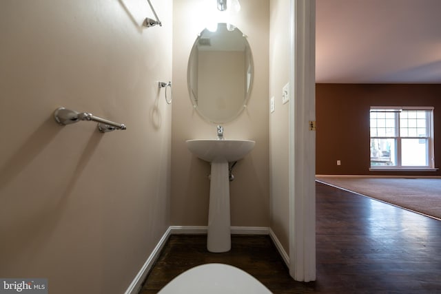 bathroom with wood-type flooring