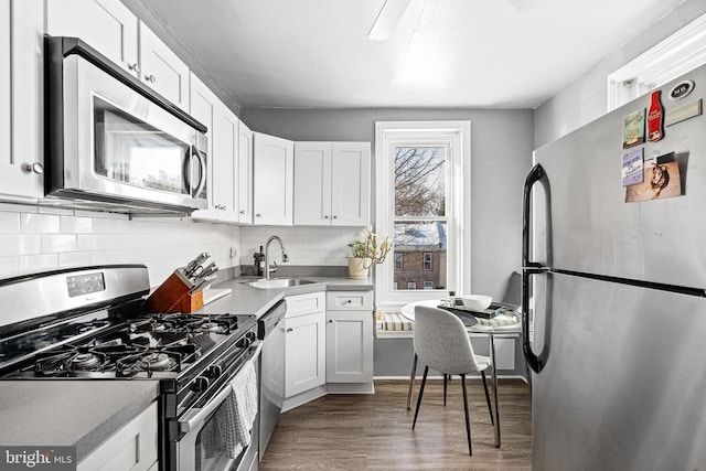 kitchen featuring sink, dark wood-type flooring, appliances with stainless steel finishes, white cabinetry, and tasteful backsplash