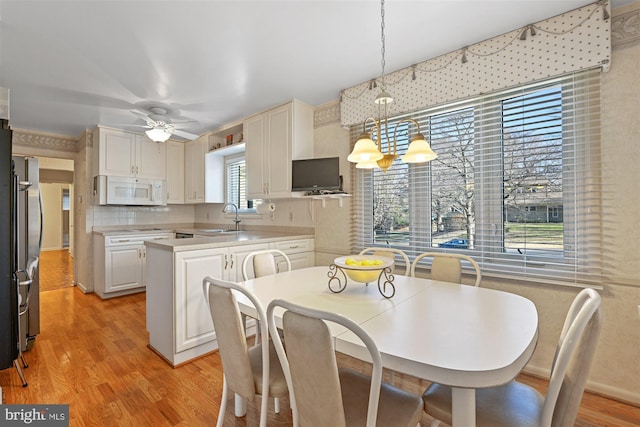 dining area with ceiling fan and light wood-type flooring