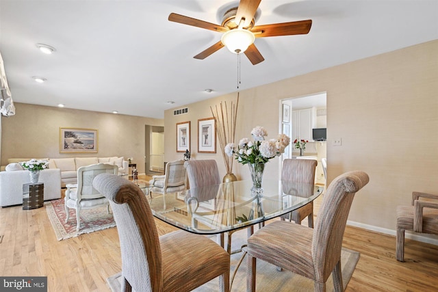 dining area featuring recessed lighting, a ceiling fan, visible vents, baseboards, and light wood finished floors