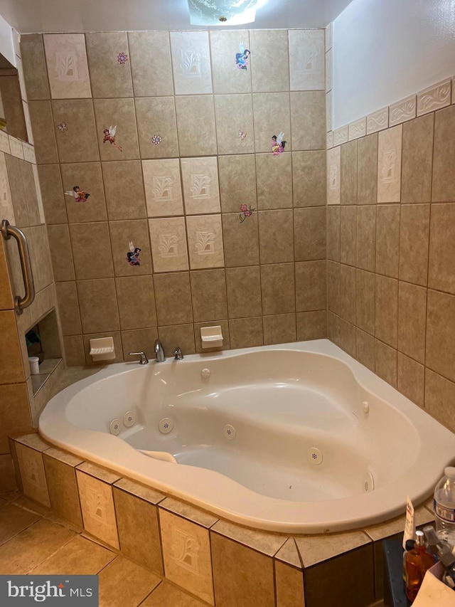9429 Fairhaven Ave, Upper Marlboro, MD 20772 - bathroom with tile walls, tile patterned flooring, and tiled bath