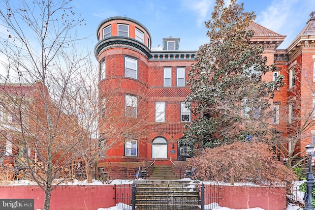 view of snow covered building