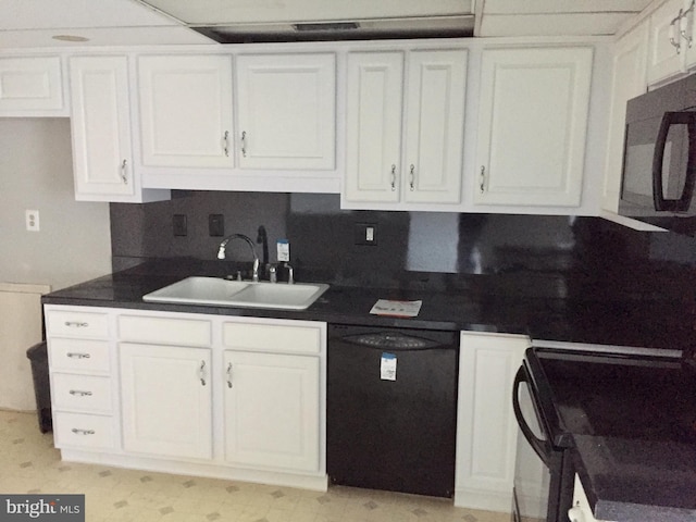 kitchen featuring black appliances, sink, and white cabinetry