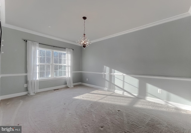 interior space with light carpet, ornamental molding, and a chandelier