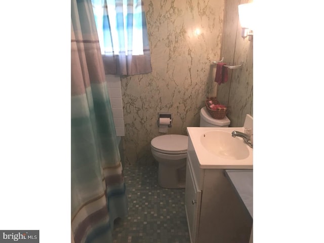 bathroom with vanity, toilet, and walk in shower