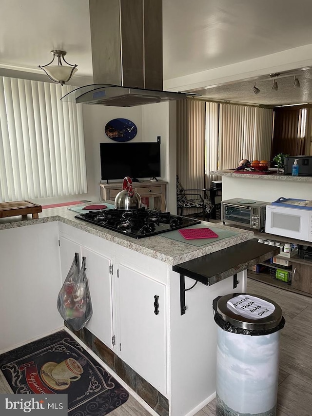 kitchen featuring white cabinetry, island exhaust hood, and black gas stovetop