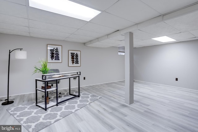 basement with light hardwood / wood-style flooring and a paneled ceiling