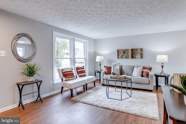 living room featuring hardwood / wood-style floors and a textured ceiling