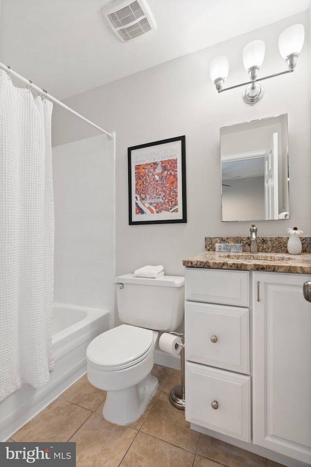 full bathroom featuring tile patterned flooring, vanity, shower / bathtub combination with curtain, and toilet