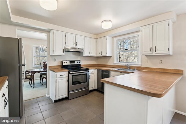 kitchen with stainless steel appliances, white cabinets, a sink, a peninsula, and under cabinet range hood