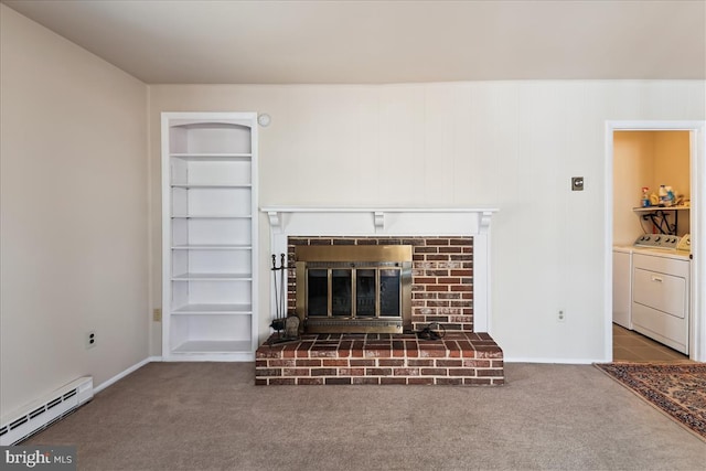 living room with built in features, washing machine and clothes dryer, carpet, baseboard heating, and a fireplace