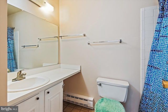 bathroom with a baseboard radiator, tile patterned flooring, toilet, vanity, and a shower with curtain