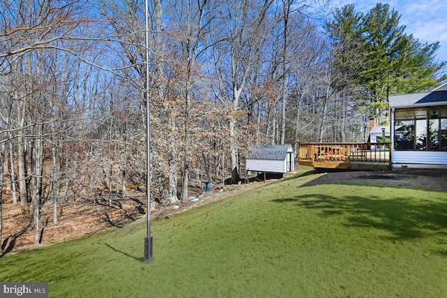 view of yard with a storage shed, a wooden deck, a sunroom, and an outbuilding