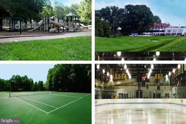 view of tennis court featuring playground community and a yard