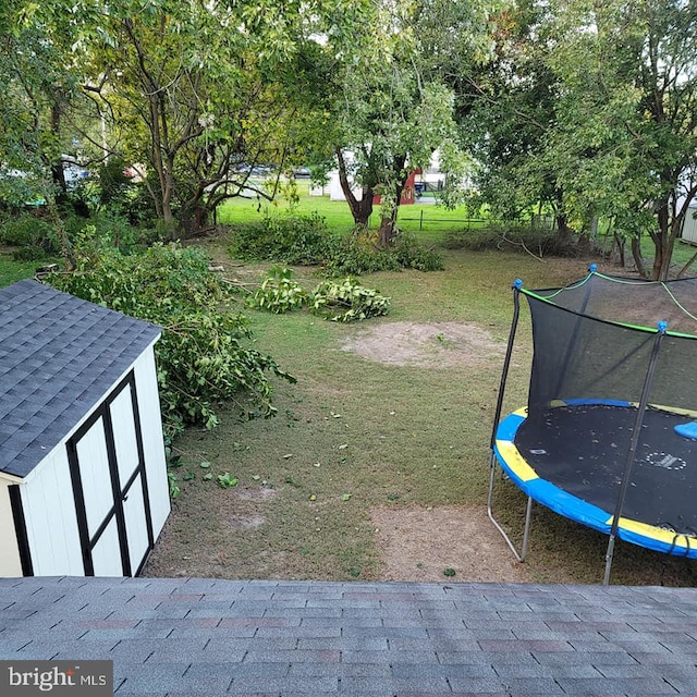 view of yard with a storage shed, a trampoline, and an outdoor structure