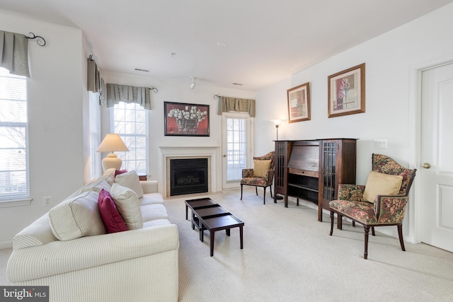 living room featuring light carpet