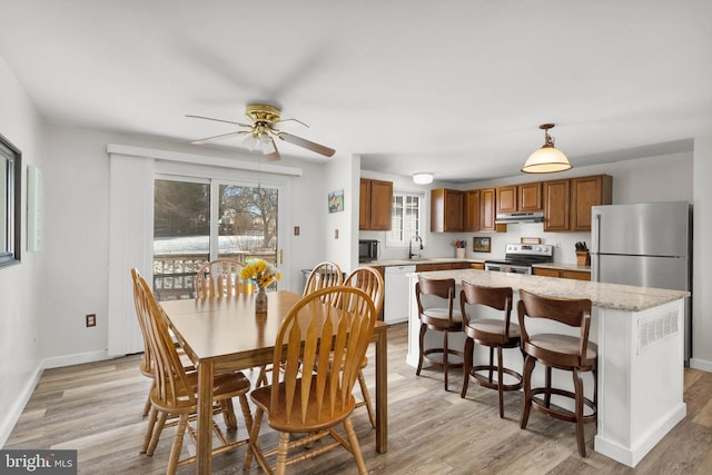 dining area with a healthy amount of sunlight, sink, and light hardwood / wood-style floors