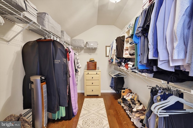 spacious closet with dark hardwood / wood-style flooring and lofted ceiling