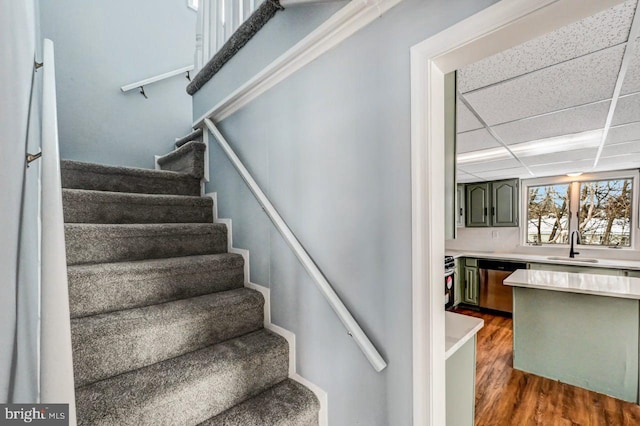 stairway with sink, hardwood / wood-style flooring, and a drop ceiling