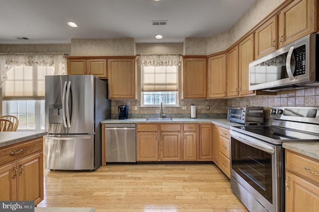 kitchen with sink, light hardwood / wood-style floors, a wealth of natural light, and stainless steel appliances