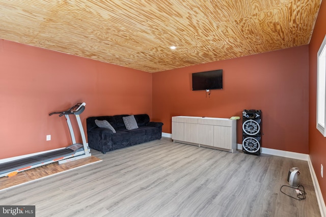 interior space featuring wood ceiling and light hardwood / wood-style flooring