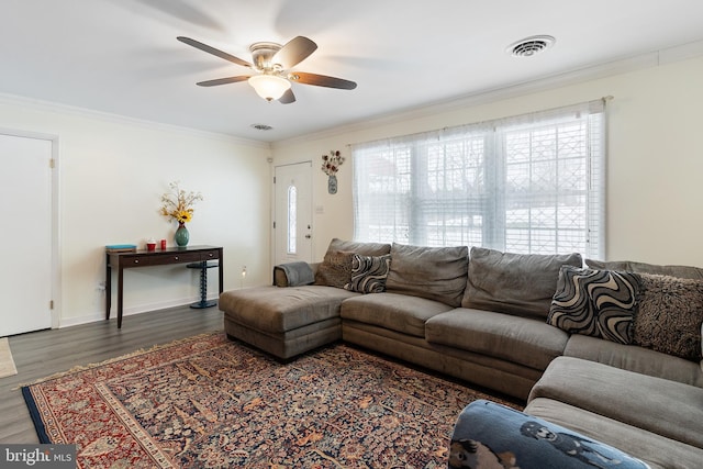 living room featuring ceiling fan, dark hardwood / wood-style flooring, and crown molding