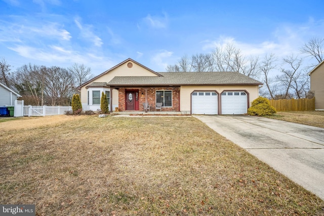 ranch-style house with a garage and a front yard