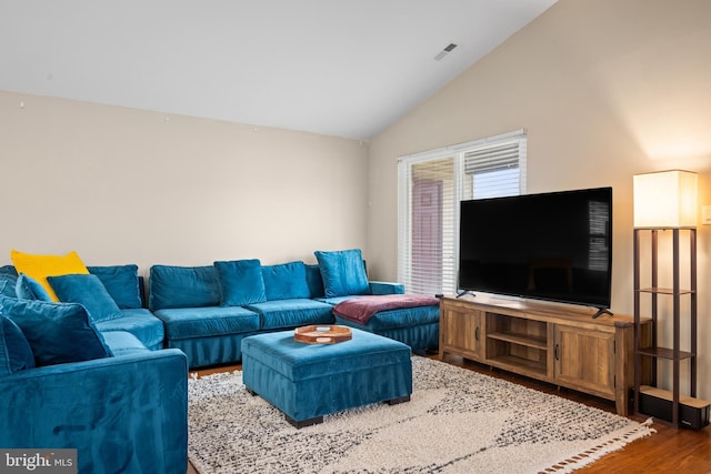 living room with wood-type flooring and vaulted ceiling