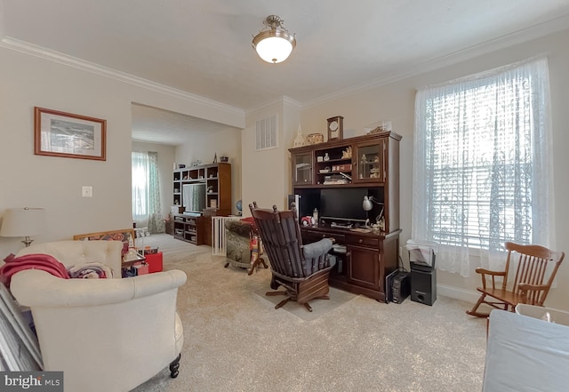 carpeted office space with crown molding