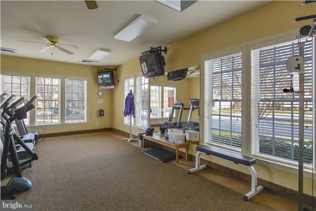 workout area with ceiling fan, carpet floors, and a healthy amount of sunlight