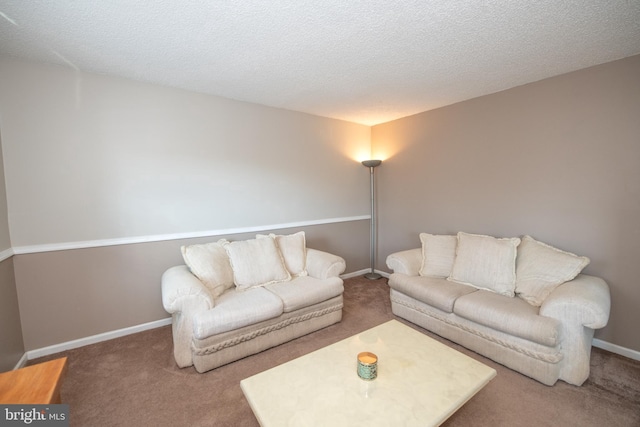 carpeted living room with a textured ceiling