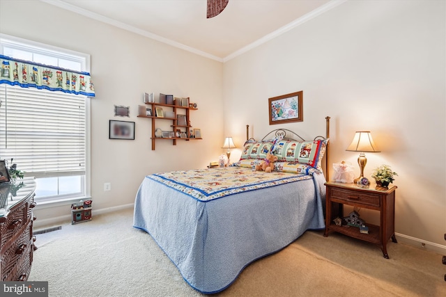 bedroom with carpet and ornamental molding