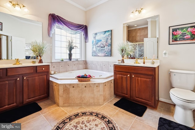 full bathroom with tile patterned floors, toilet, shower with separate bathtub, vanity, and ornamental molding