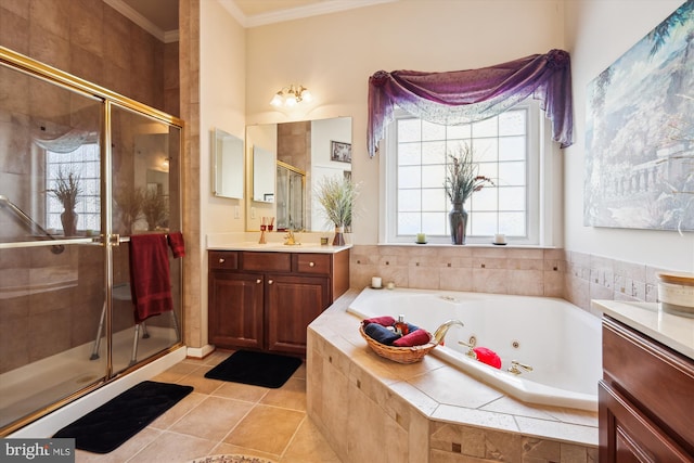 bathroom with ornamental molding, independent shower and bath, tile patterned floors, and vanity