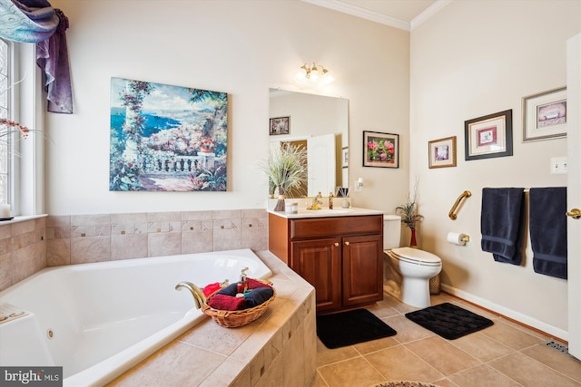 bathroom featuring tile patterned flooring, toilet, a relaxing tiled tub, vanity, and ornamental molding