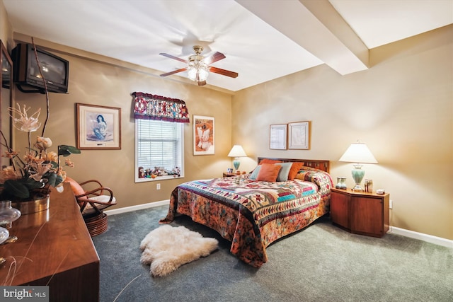 bedroom with carpet, beam ceiling, and ceiling fan