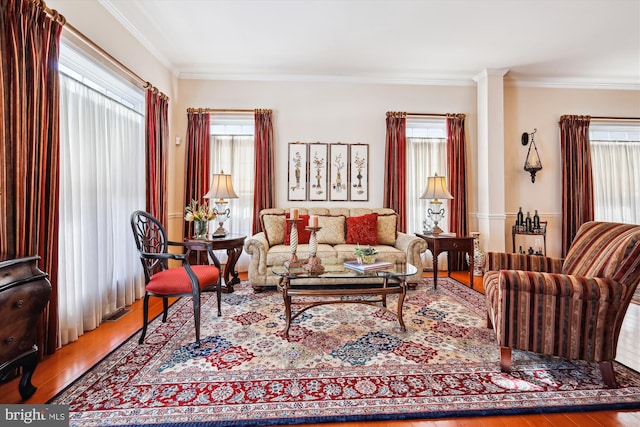 living room featuring wood-type flooring, decorative columns, and ornamental molding