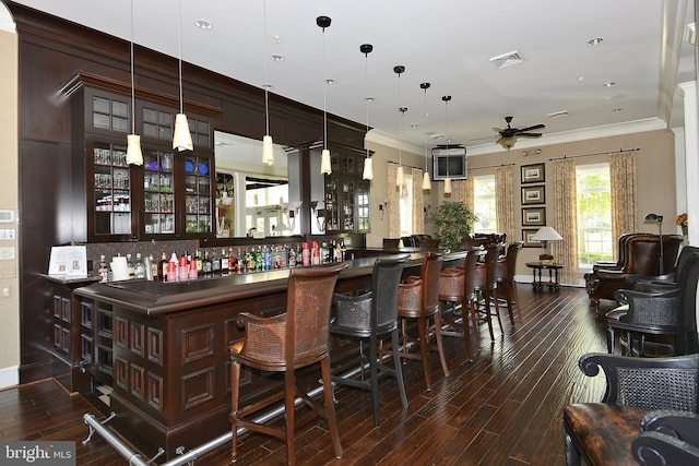 bar with dark brown cabinetry, hanging light fixtures, crown molding, and dark wood-type flooring