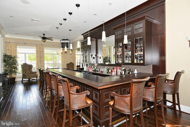 bar with decorative light fixtures, dark brown cabinetry, dark hardwood / wood-style floors, and ceiling fan