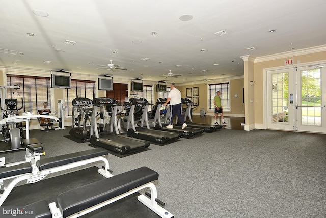 gym featuring ceiling fan, french doors, and crown molding