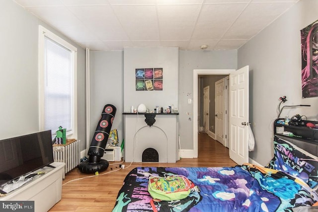 bedroom with a drop ceiling, hardwood / wood-style floors, and radiator heating unit