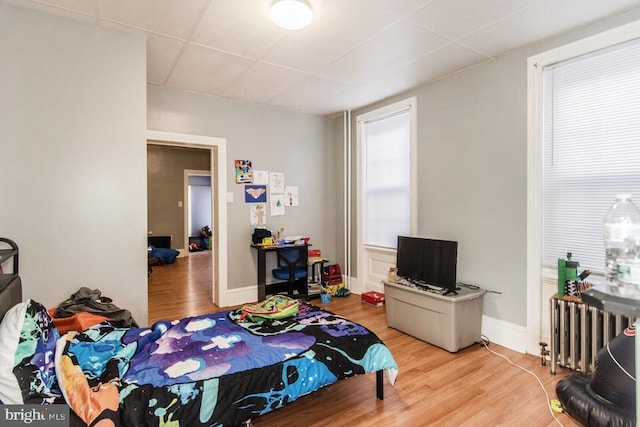 bedroom with hardwood / wood-style flooring, radiator, and a drop ceiling