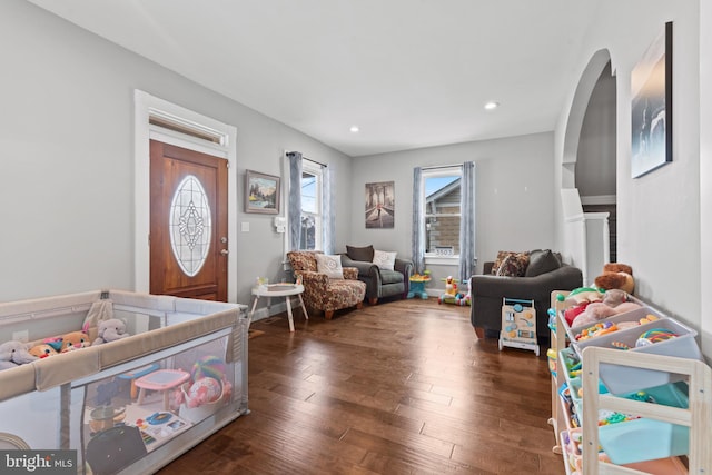 interior space with dark wood-type flooring