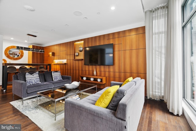 living room with plenty of natural light, dark wood-type flooring, and wood walls