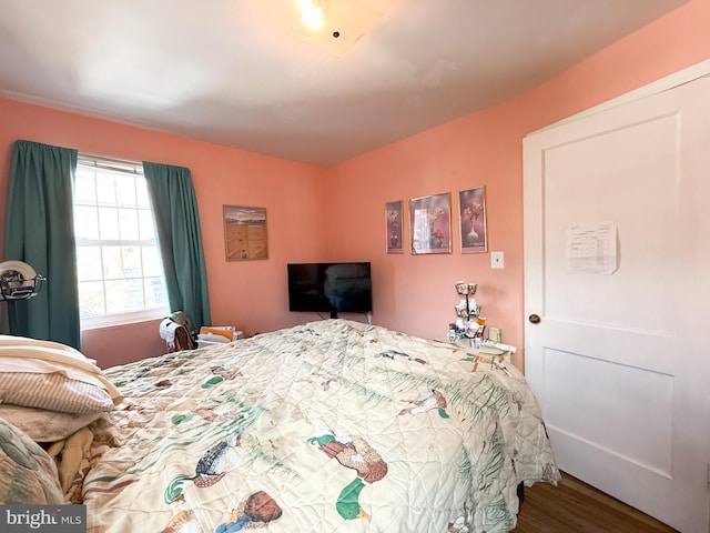 bedroom with dark hardwood / wood-style floors