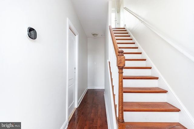 staircase with hardwood / wood-style floors