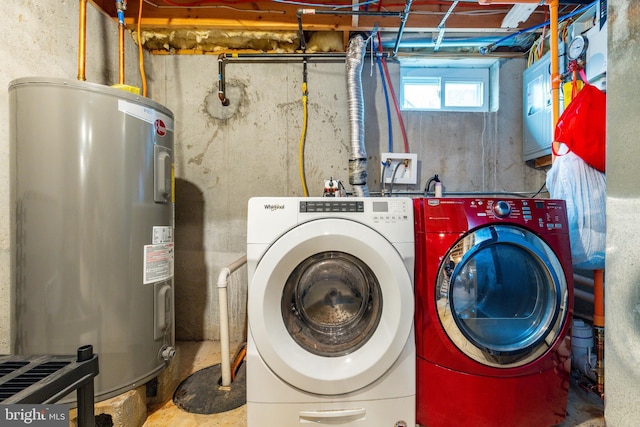 laundry area featuring water heater and washing machine and dryer