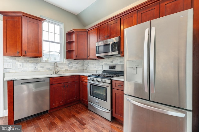 kitchen with sink, backsplash, dark wood-type flooring, and stainless steel appliances