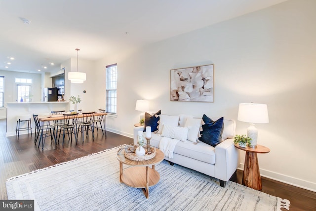 living room featuring dark wood-type flooring