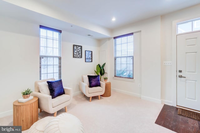 living area with plenty of natural light and light carpet